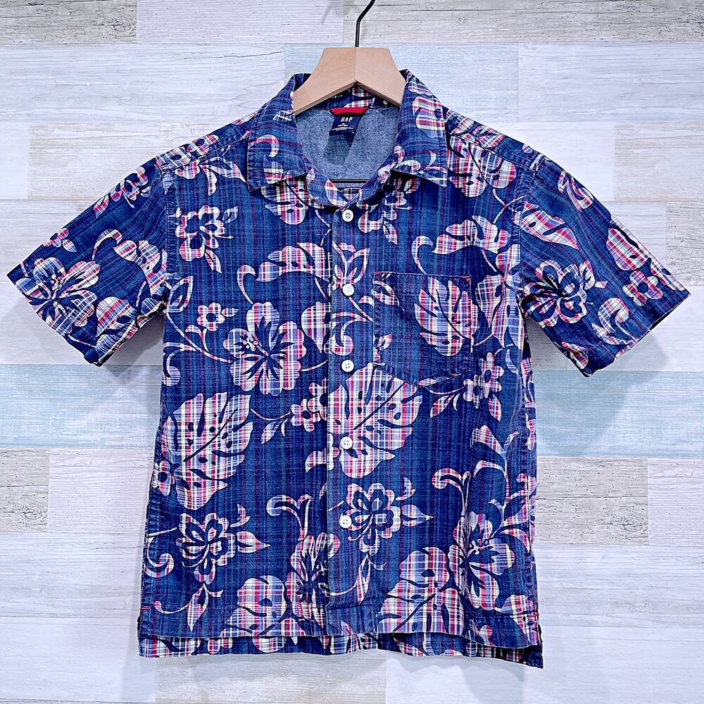 GAP Vintage 90s Tropical Floral Hawaiian Camp Shirt Blue Red Boys Small 5 6